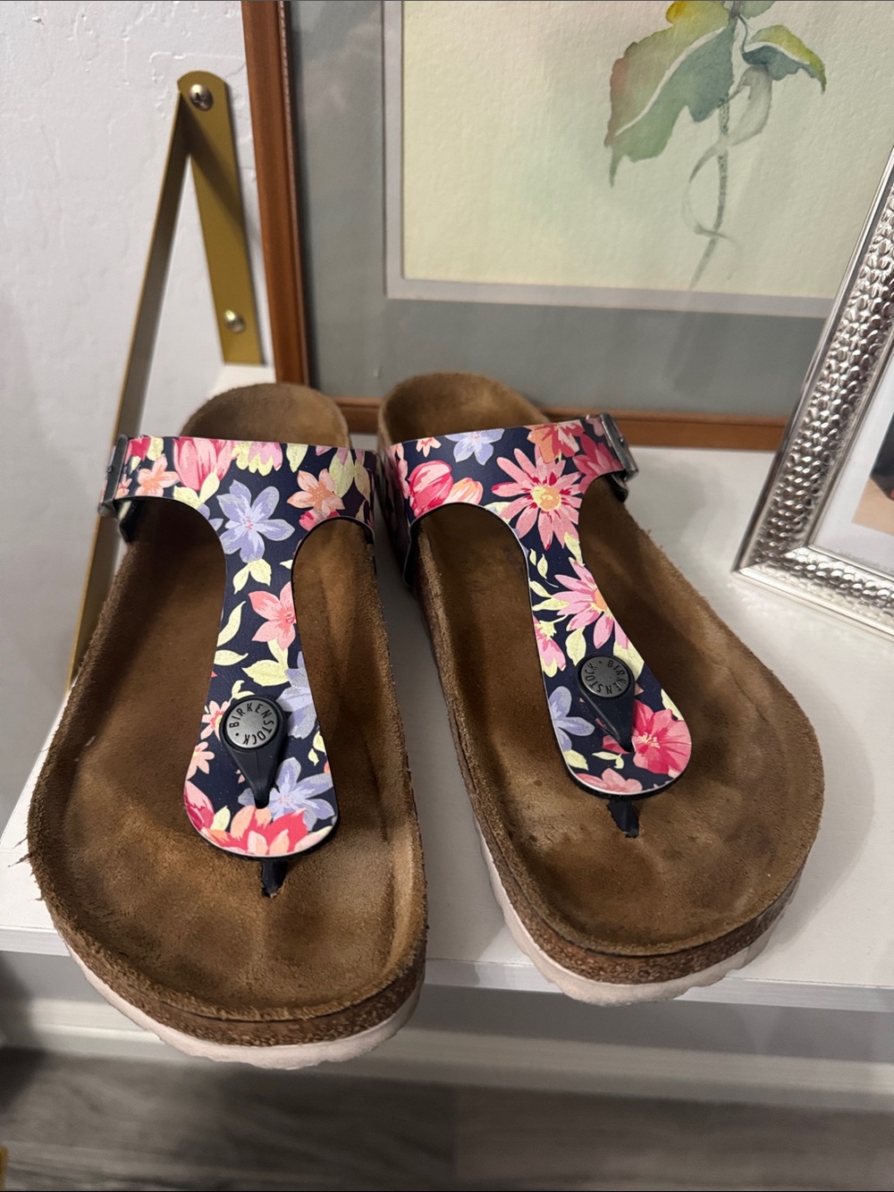 Birkenstock Gizeh Floral Thong Sandals in Navy with Pink & Lavender Flowers
